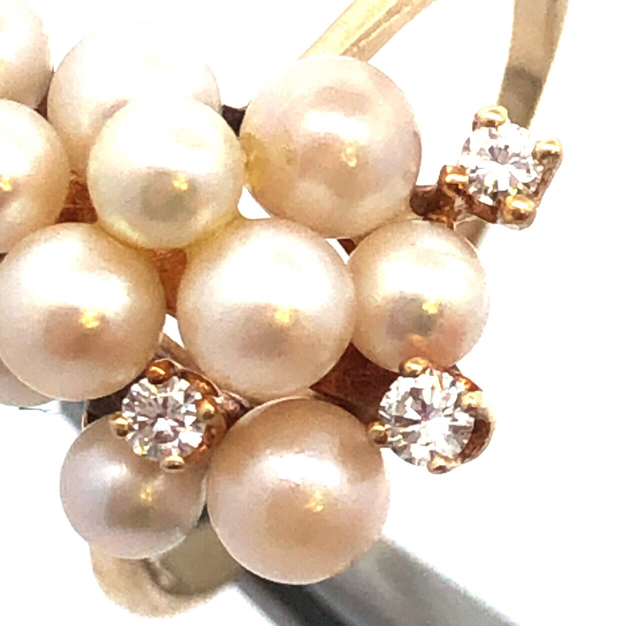 Vintage 14K Yellow Gold Pearl Diamond Cluster Ring