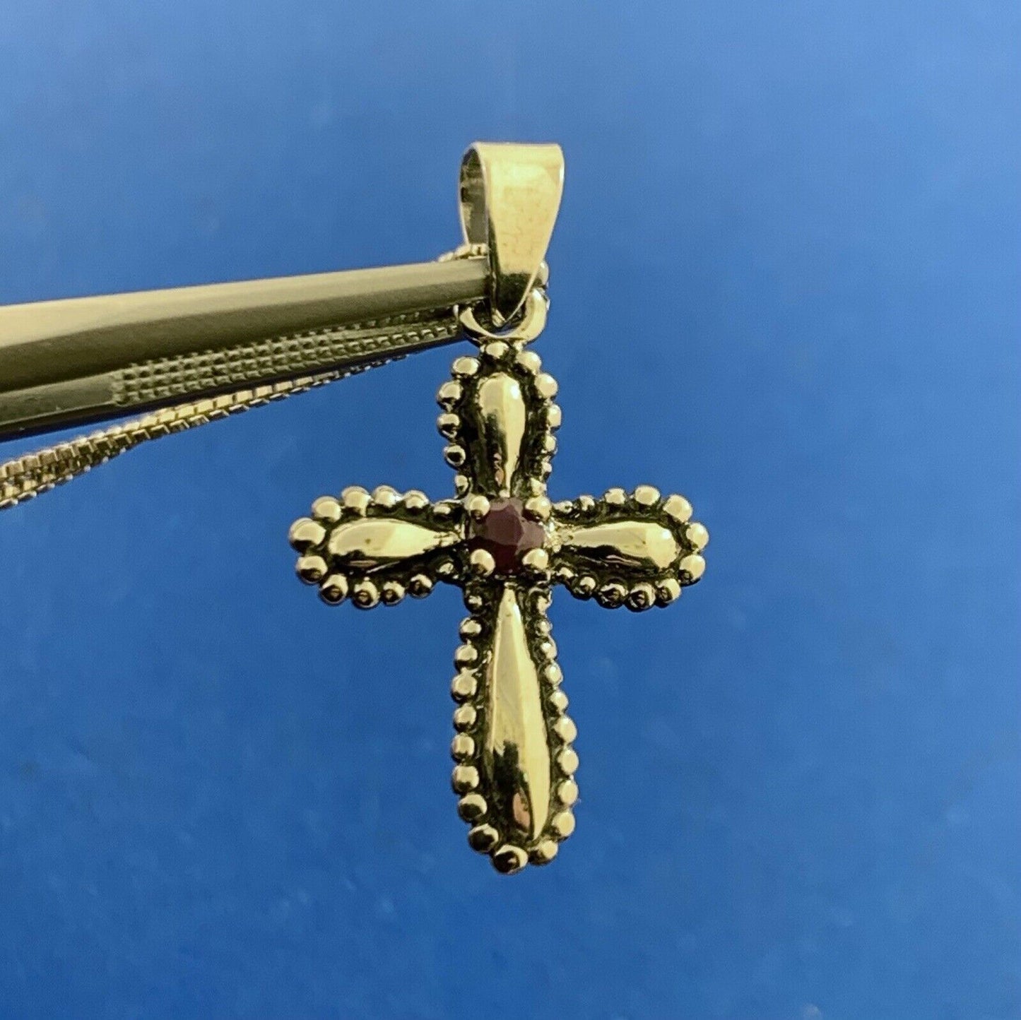 Designer 925 Sterling Silver Ruby Beaded Detail Statement Cross Pendant Necklace