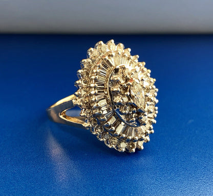 14K Yellow White Gold Diamond Halo Cluster 4 Tier Statement Cocktail Ring