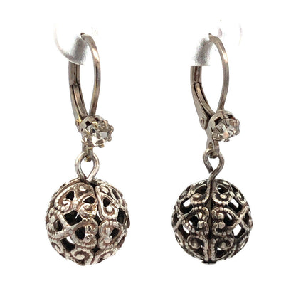 Vintage 925 Sterling Silver Round Cubic Zirconia Ball Dangle Hook Earrings