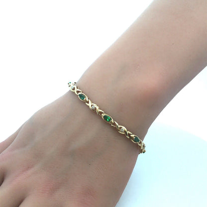 10K Yellow Gold Marquise Emerald Round Diamond X&O Tennis Bracelet