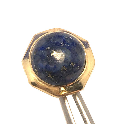 Vintage 14K Yellow Gold Round Lapis Lazuli Cabochon Modernist Stud Earrings