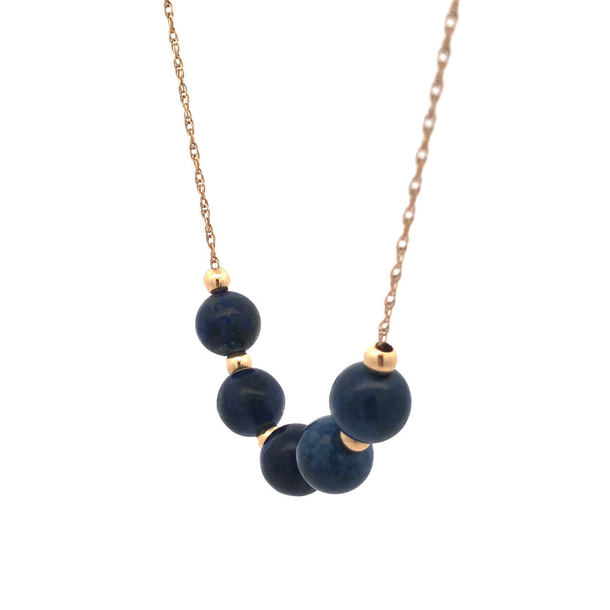 Designer 14K Yellow Gold Round Lapis Lazuli Beaded Chain Necklace