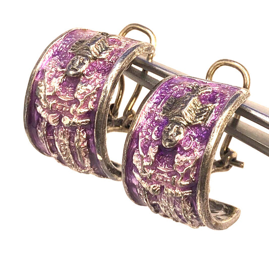 Native Tribal Gods 925 Sterling Silver Purple Enamel Half Hoop Stud Earrings