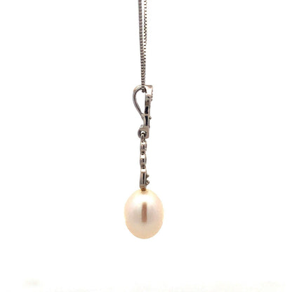 Designer AJ 14K White Gold Diamond Pearl Bridal Pendnat June Wedding Necklace