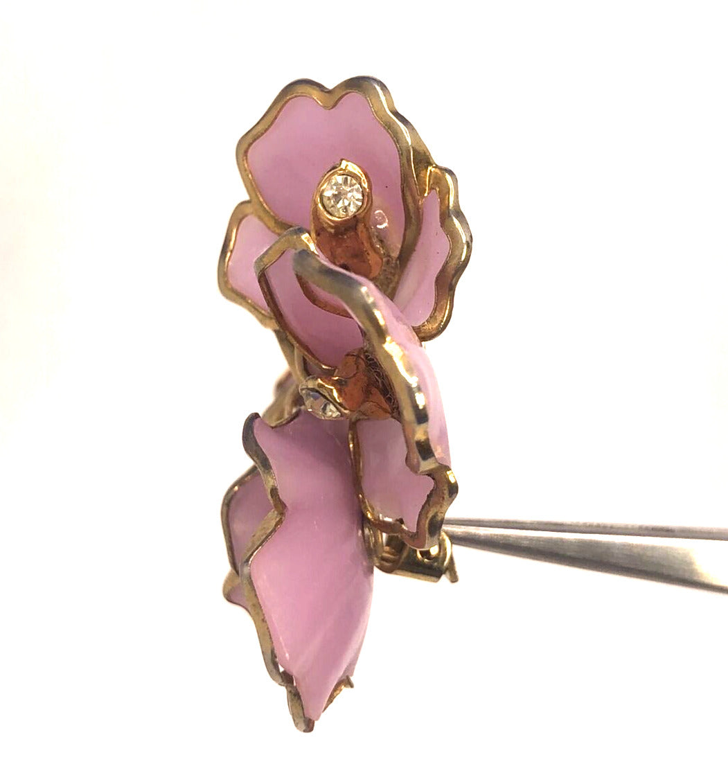Mid Century Purple Lucite Large Flower Rhinestone Statement Clip-on Earrings