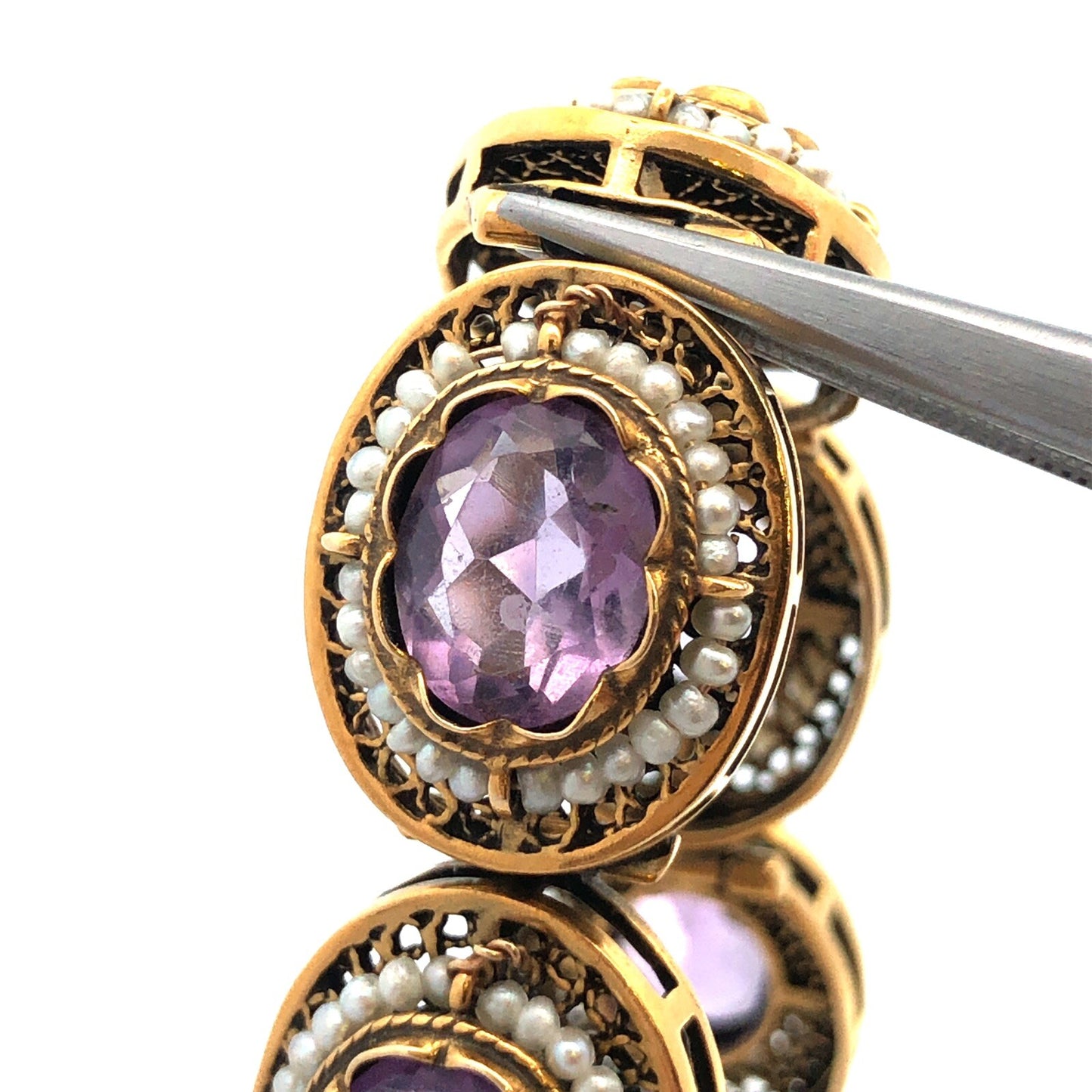 Vintage 14K Yellow Gold Oval Amethyst Seed Pearl Filigree Panel Bracelet