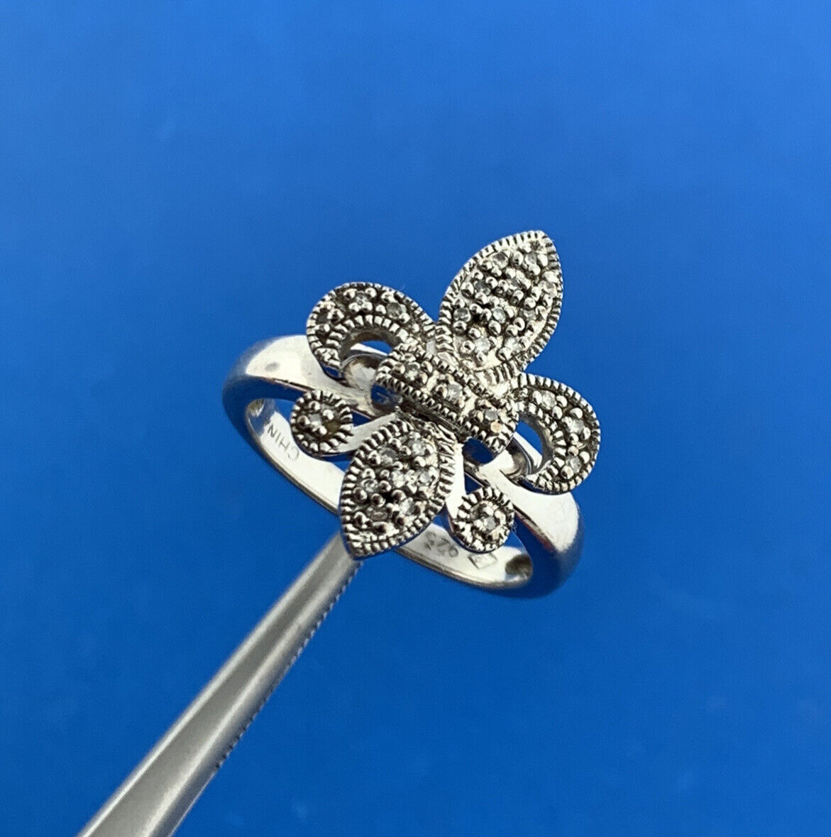 Designer 925 Sterling Silver Diamond Fleur De Lis New Orleans Religious Ring