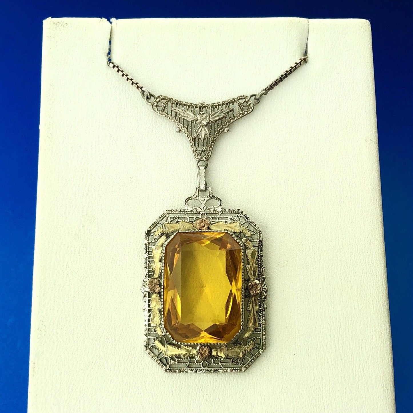 Italy 925 Sterling Silver 14K Yellow Gold Lemon Quartz Filigree Floral Necklace