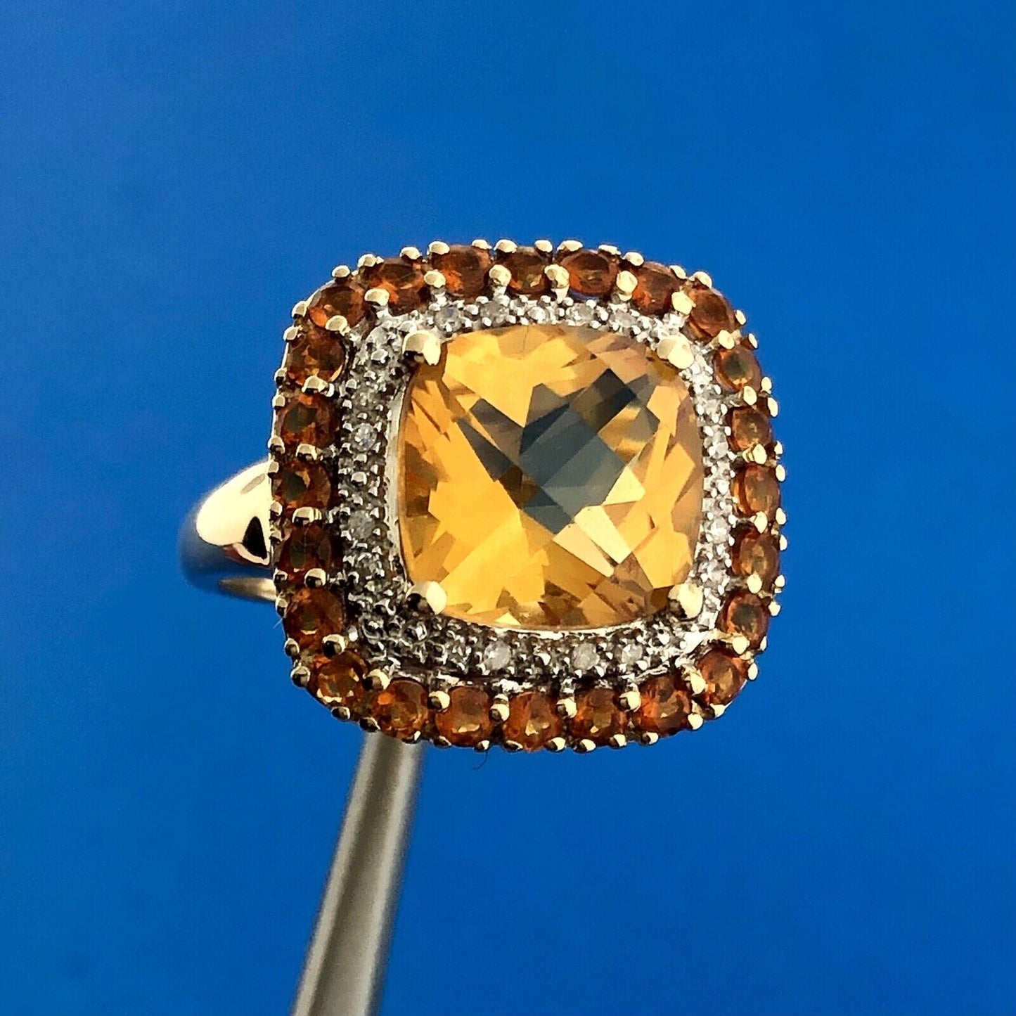 Designer 14K Yellow Gold Citrine Diamond Citrine Halo Statement Dome Ring Size 7