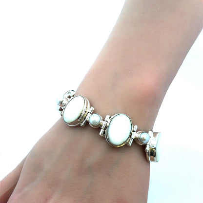 Vintage 925 Sterling Silver Oval Mother of Pearl Pearl Toggle Tennis Bracelet