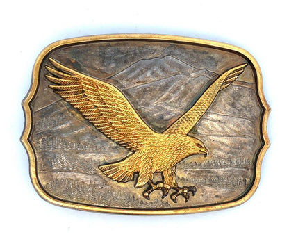 Vintage Two Tone Flying Eagle Mountains Rectangle Statement Belt Buckle