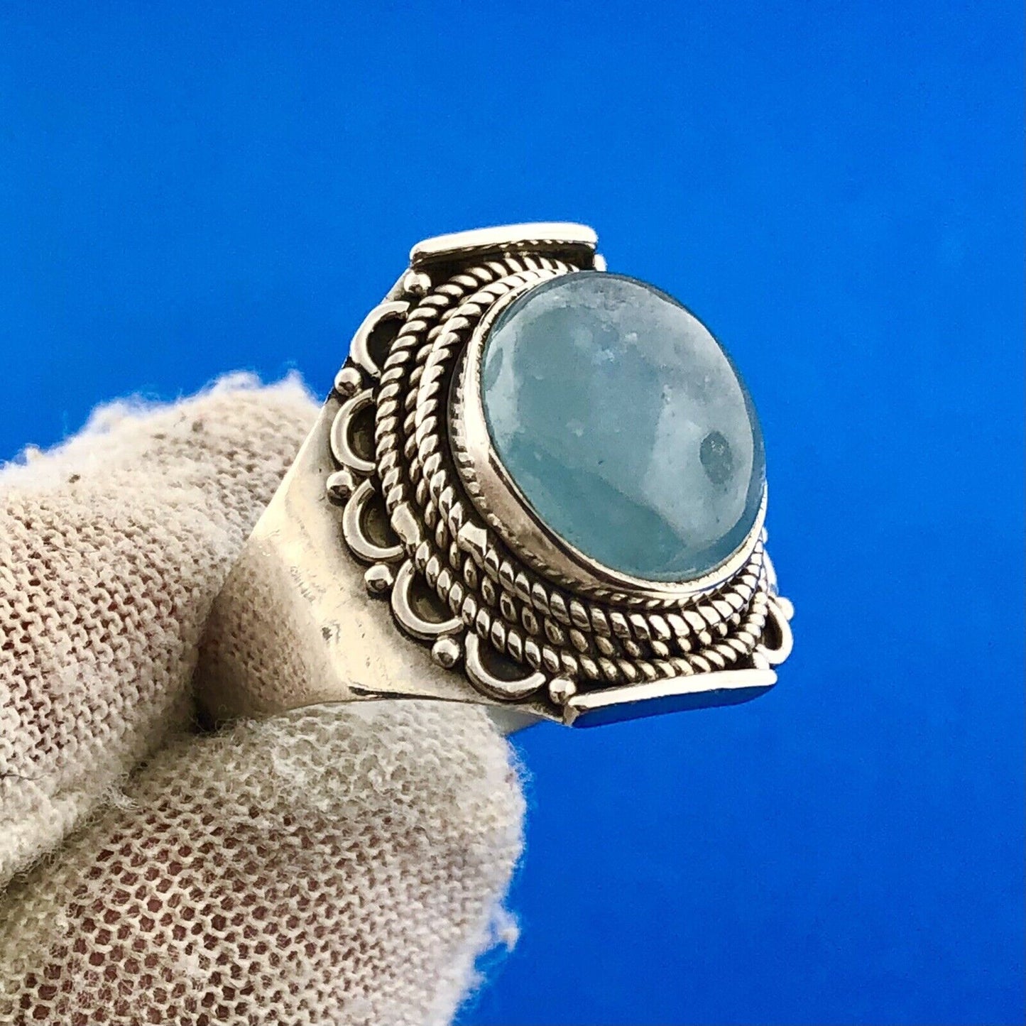 Estate 925 Sterling Silver Oval Blue Opal Filigree Beadwork Finger Ring