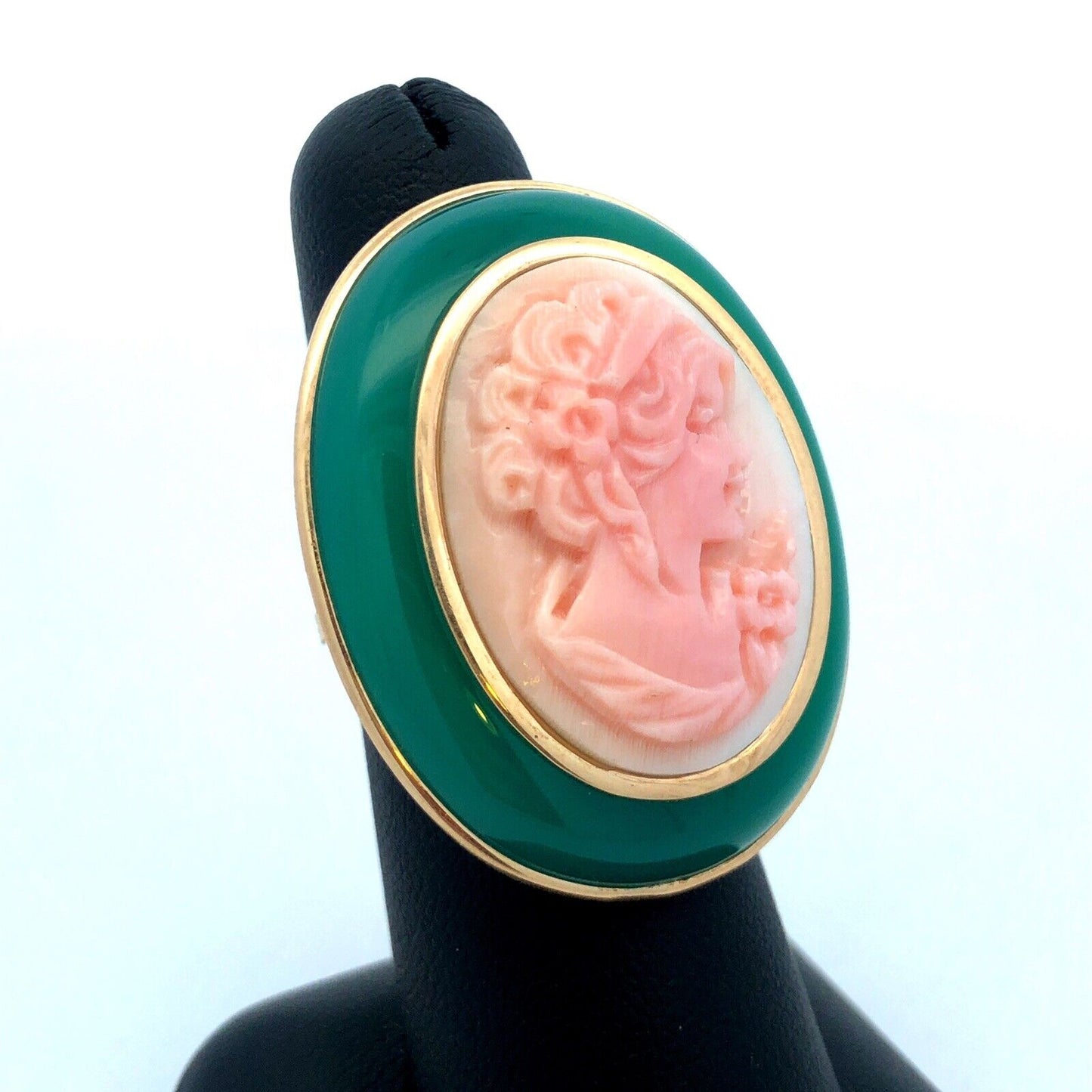 Designer Italy 14K Yellow Gold Oval Green Jade Pink Cameo Statement Ring
