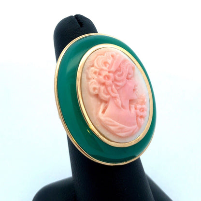 Designer Italy 14K Yellow Gold Oval Green Jade Pink Cameo Statement Ring