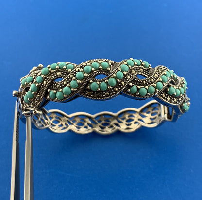 Sterling Silver 925 Turquoise Marcasite Dual Spiral 7" Hinged Cuff Bracelet