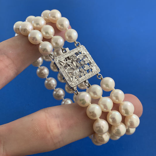 Designer 14K White Gold Pearl Diamond Three Strand Statement Wide Bracelet