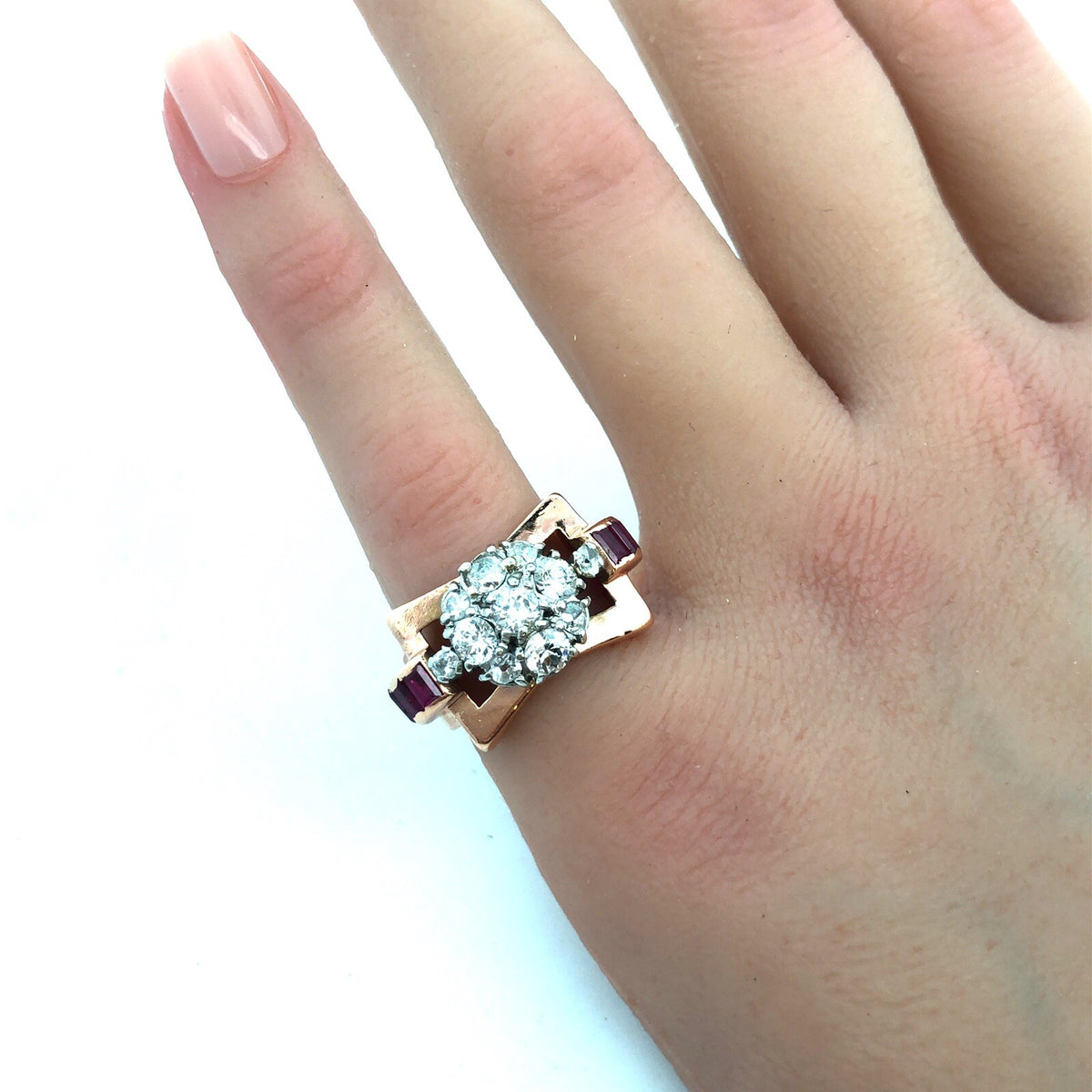 Unusual 14K Rose Gold Diamond Floral Cluster Ruby Baguette Accent Cocktail Ring