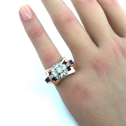 Unusual 14K Rose Gold Diamond Floral Cluster Ruby Baguette Accent Cocktail Ring