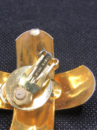 Mid Century Norma Jean Gold Tone Modernist X Polished Statement Clip On Earrings