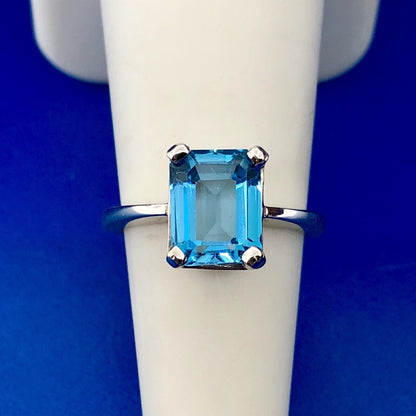 14K White Gold Emerald Cut Blue Topaz Solitaire Statement December Occasion Ring