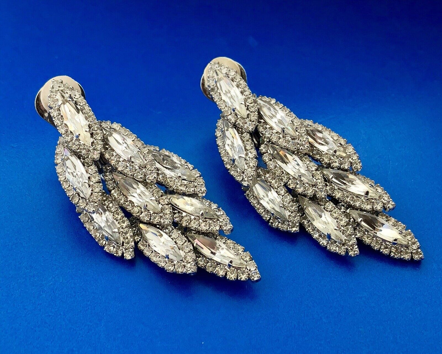Dramatic Couture Silver Tone Rhinestone 3 Tier Dangle Statement Clip Earrings
