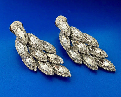 Dramatic Couture Silver Tone Rhinestone 3 Tier Dangle Statement Clip Earrings