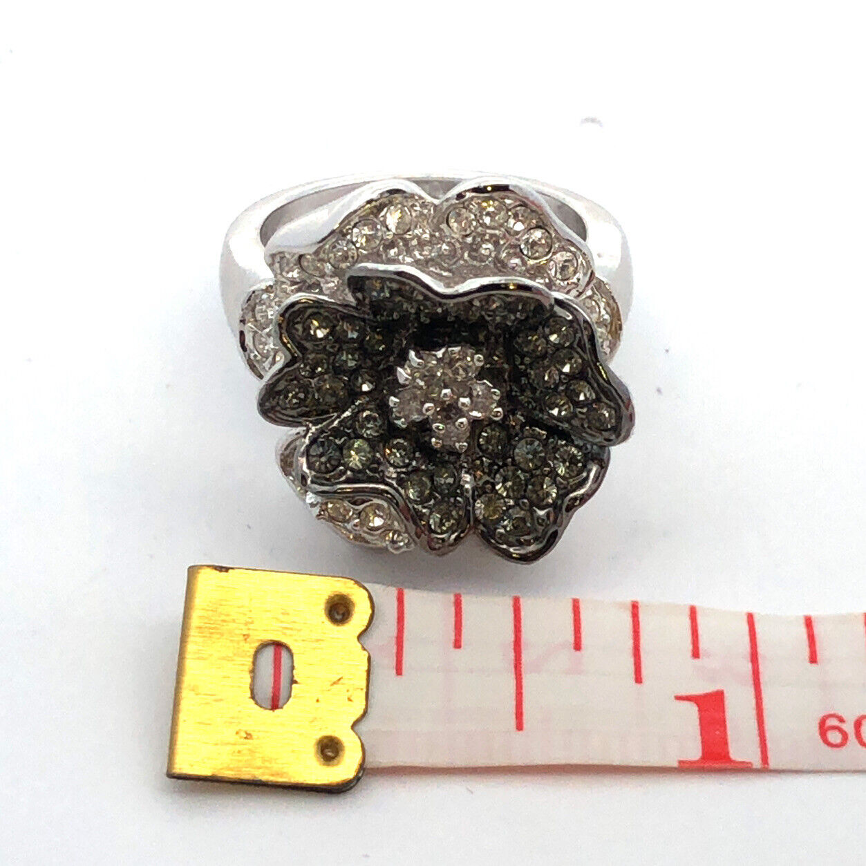 Designer Nolan Miller Silver Tone Pave Cubic Zirconia Black White Flower Ring