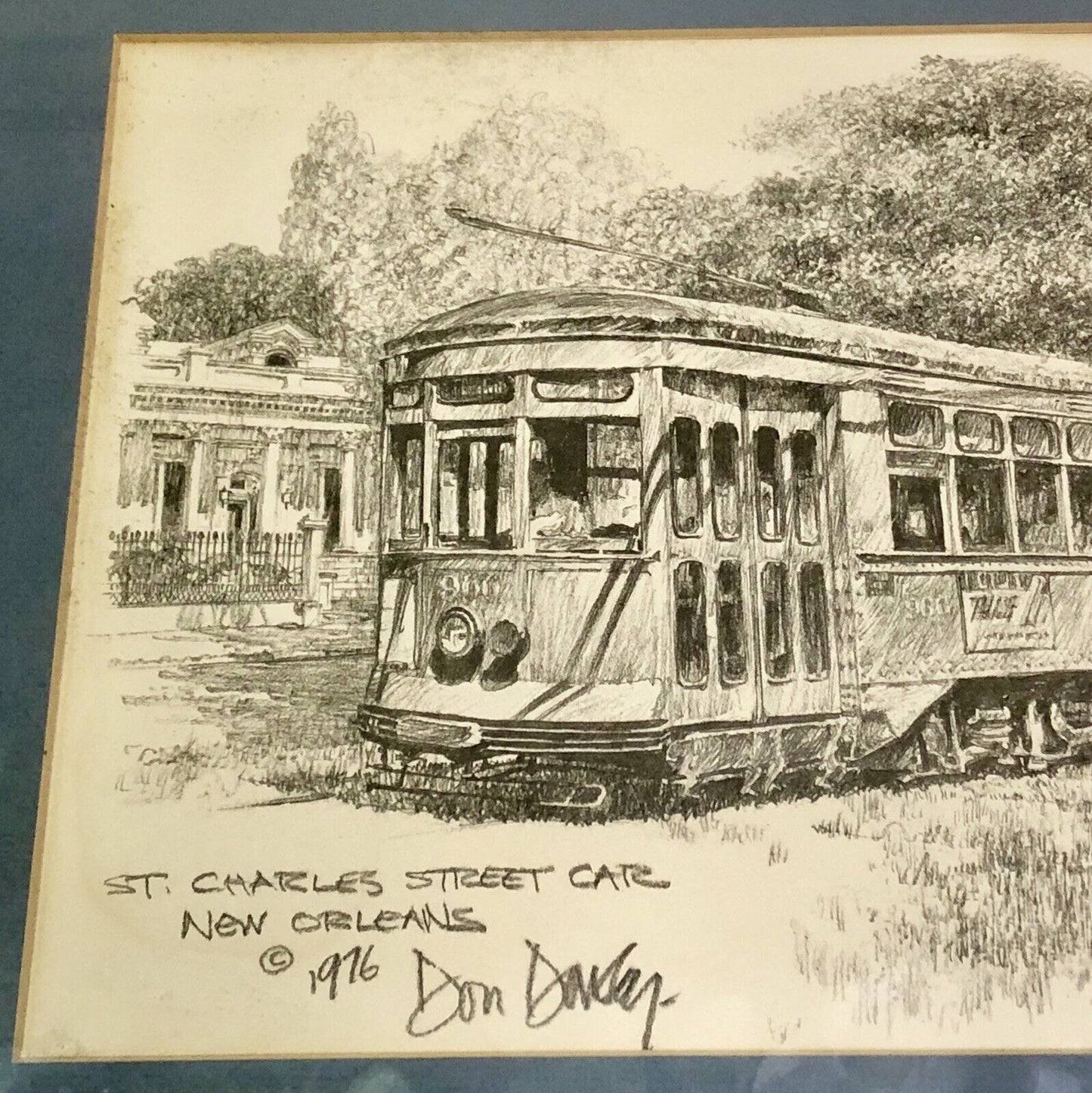 1976 Artist Don Davey St. Charles Street Car NOLA Pencil Sketch Matted Framed