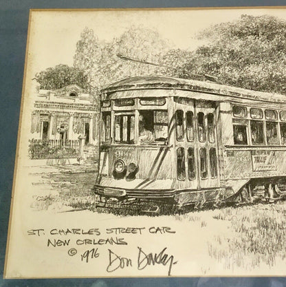 1976 Artist Don Davey St. Charles Street Car NOLA Pencil Sketch Matted Framed