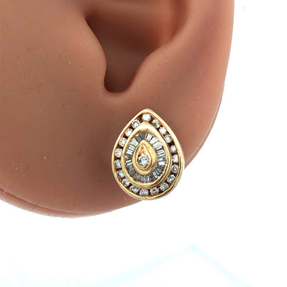 14K Yellow Gold Channel Set Diamond Cluster Pear Statement Stud Earrings