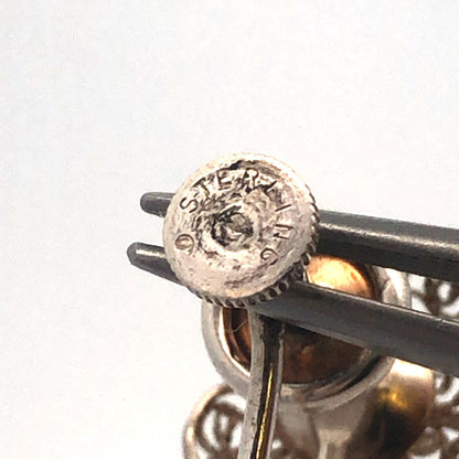 Vintage 925 Sterling Silver Intricate Filigree Floral Dangle Screw Back Earrings