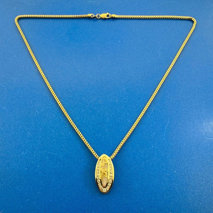 Designer 14K Yellow Gold Quartz w/Gold Vein Diamond Accent Oval Pendant Necklace