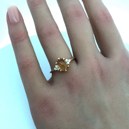 Designer 14K Yellow Gold Citrine Diamond Accented Cocktail Size 7.5 Ring
