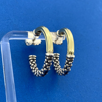 Lagos Caviar 925 Sterling Silver 18K Yellow Gold Two Toned Hoop Earrings