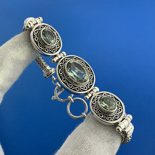 BA Suarti Sterling Silver Oval Prasiolite  Balinese Statement Toggle Bracelet
