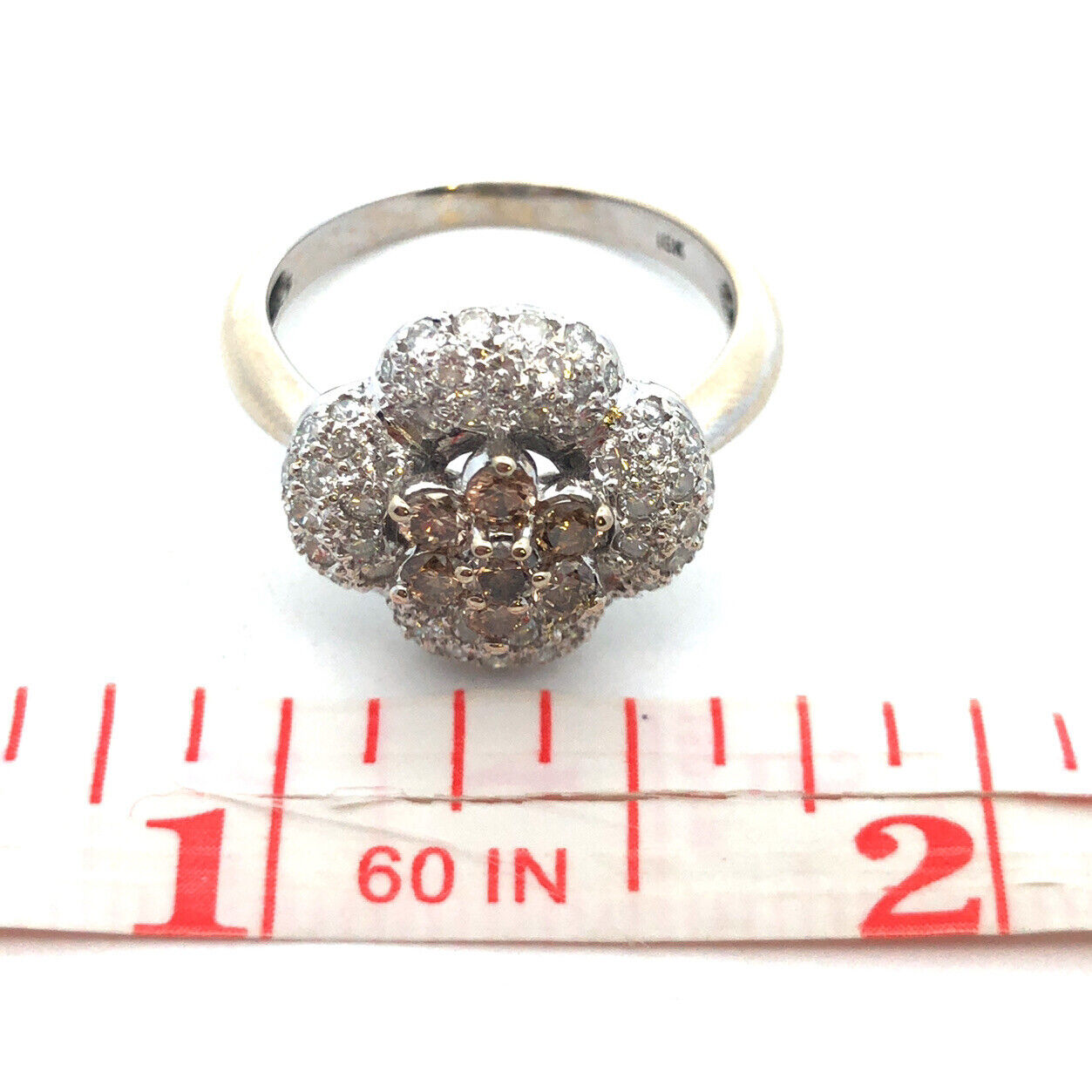 Designer 18K White Gold Champagne White Diamond Flower Statement Cocktail Ring