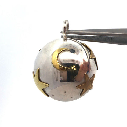 800 Fine Silver Brass Vintage Designer Moon Stars Baby Ball Bell Rattler Pendant