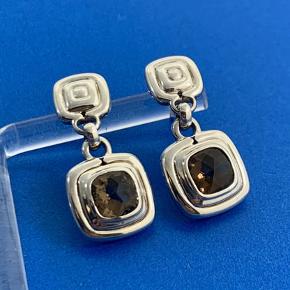 John Hardy 925 Sterling Silver Cushion Cut Smoky Quartz Dangle Drop Earrings