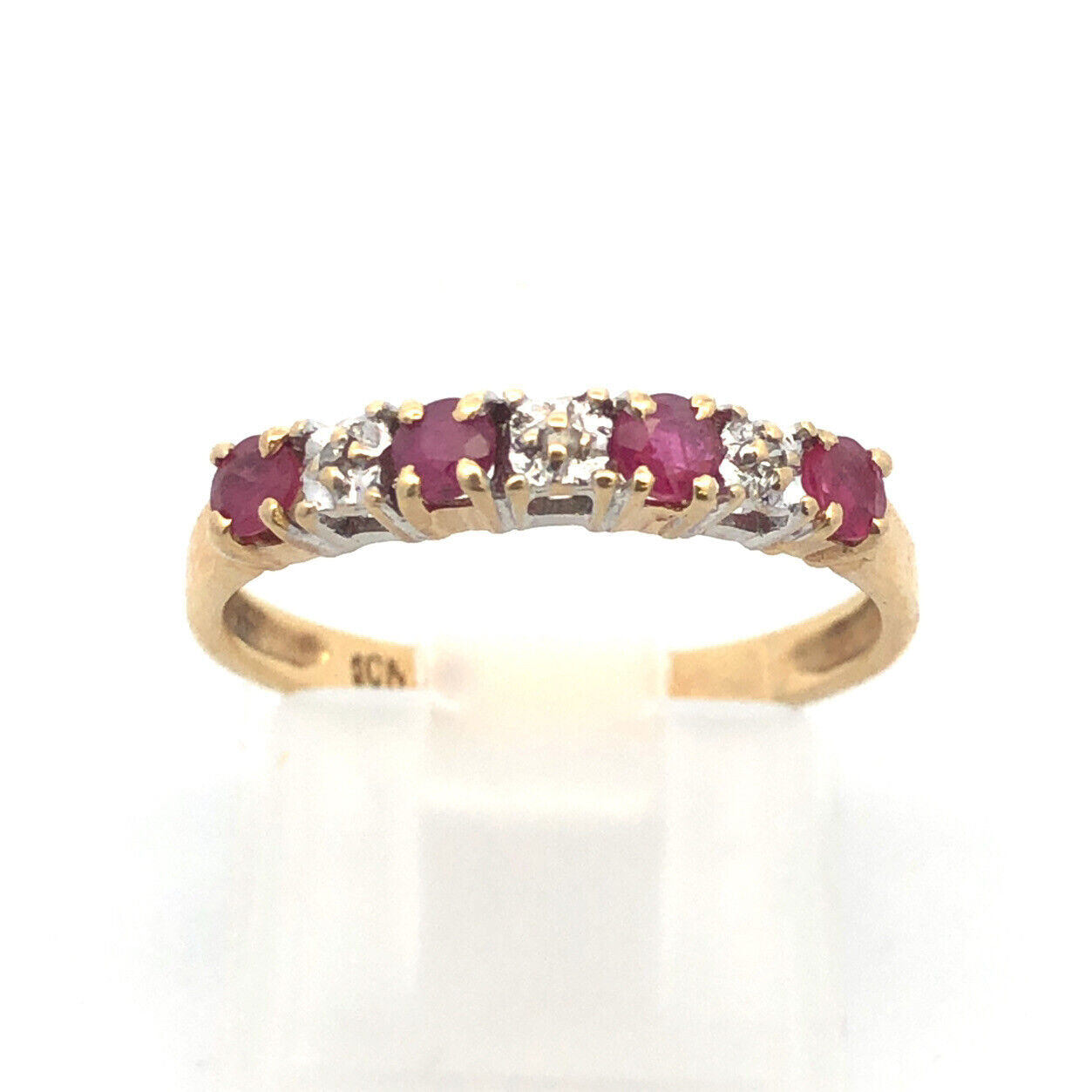 Designer 10K Yellow Gold Round Ruby Diamond Stackable Anniversary Band Ring