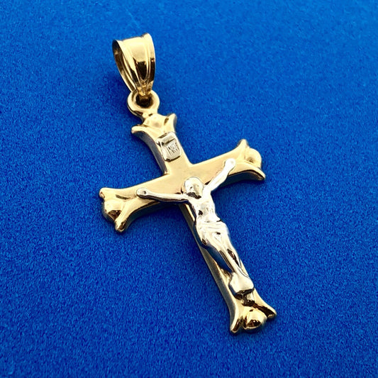 Vintage Designer 10K Yellow White Gold Crucifix Cross Religious Charm Pendant