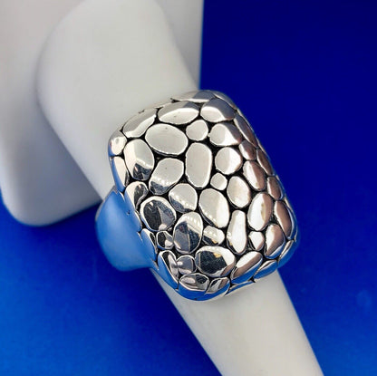 Retro Sterling Silver 925 Snakeskin Cobblestone Statement Rectangle Dome Ring