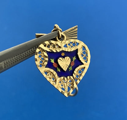 Designer ARR 14K Yellow Gold Blue Red Green Enamel Heart Dangle Drop Earrings