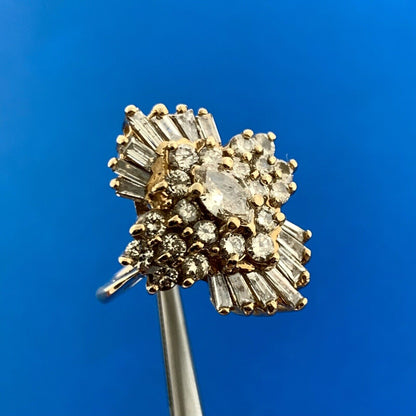 Estate 14K Yellow Gold Diamond Waterfall Cluster Statement Cocktail Ring