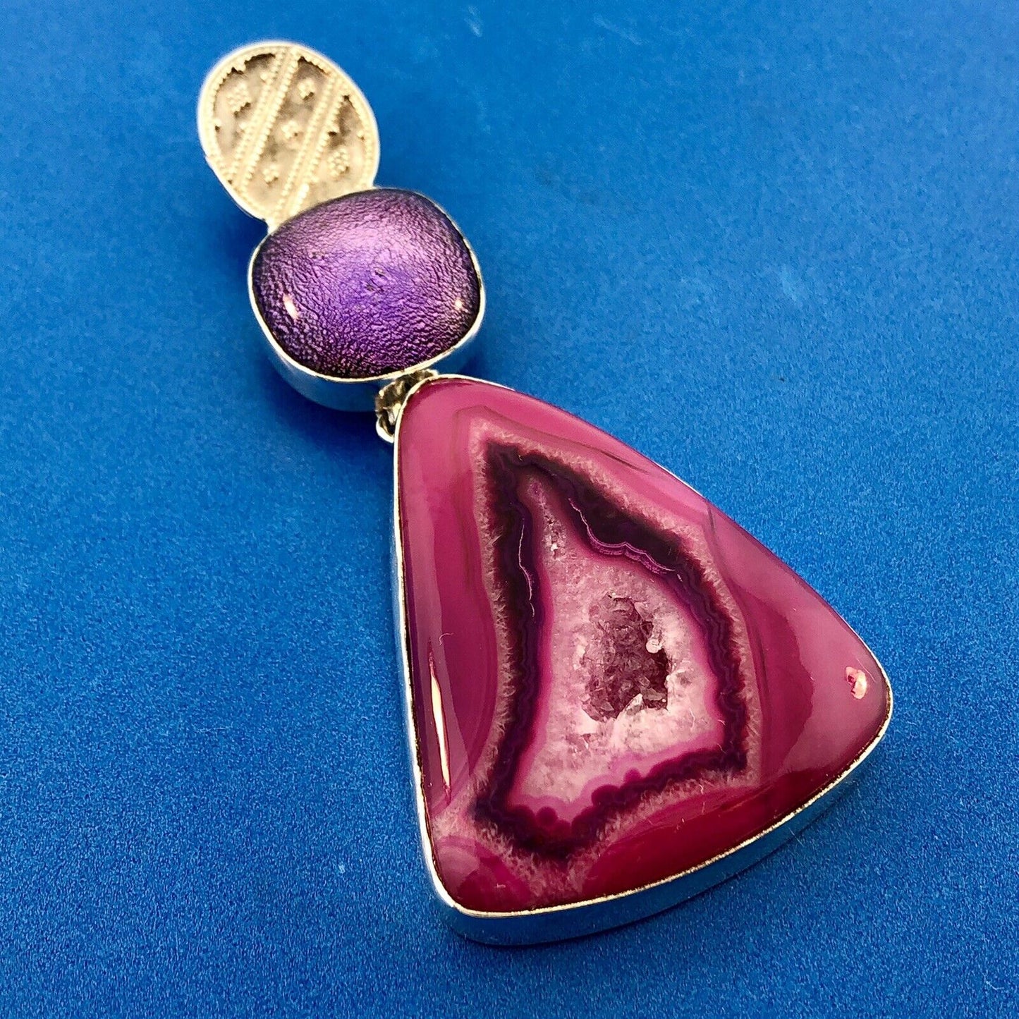 Sterling Silver 925 Pink Fushia Deep Purple Druzy Quartz Geode Statement Pendant