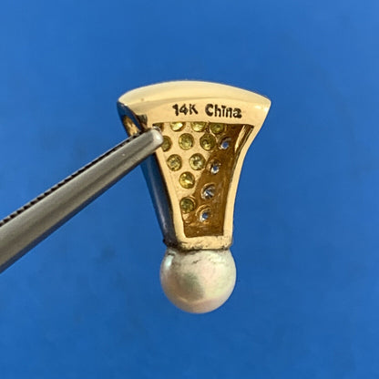 Designer 14K Yellow Gold Pearl Canary White Diamond Slide Pendant