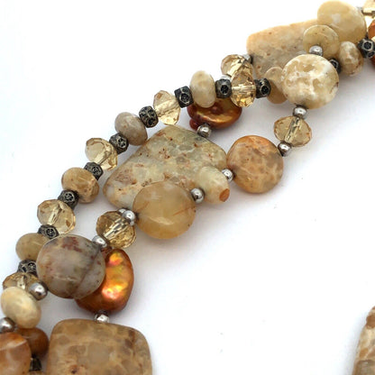 Vintage Silver Tone Polished Agate Pearl Crystal Beaded Necklace Earring Set