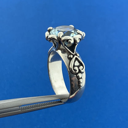 Designer 925 Sterling Silver Round Blue Topaz Heart Scroll Bead Work Ring