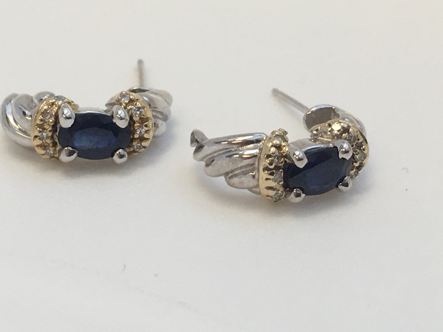 Stunning 14K White Yellow Gold Oval Sapphire Diamond Half Hoop Earrings