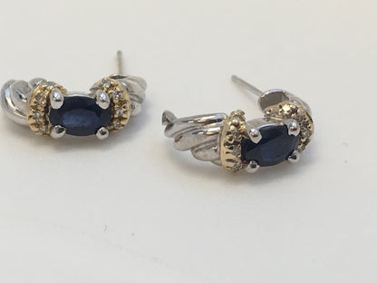 Stunning 14K White Yellow Gold Oval Sapphire Diamond Half Hoop Earrings